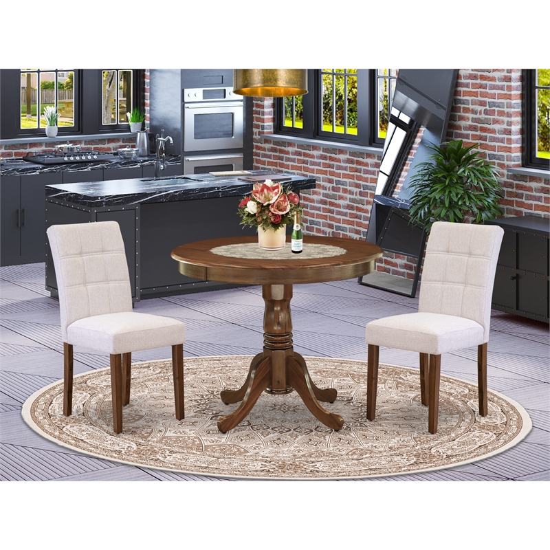 East West Furniture 3-Piece Kitchen Table Set in Antique Walnut/Mist Beige