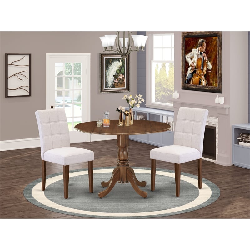 East West Furniture 3-Piece Dining Room Set in Antique Walnut/Mist Beige