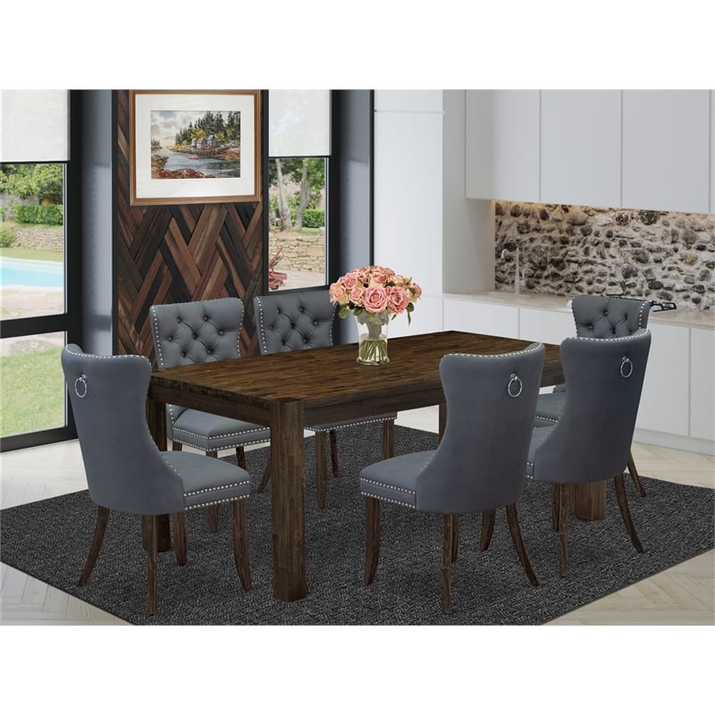 East West Furniture 7-Piece Dining Set in Distressed Jacobean/Platinum Gray