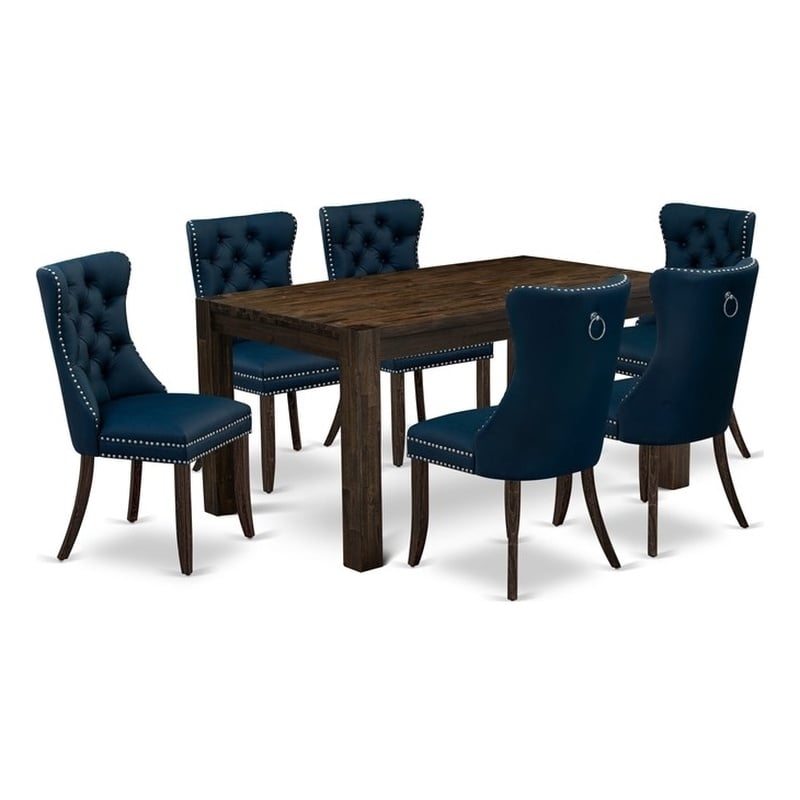 East West Furniture 7-Piece Dining Table Set in Distressed Jacobean/Navy Blue