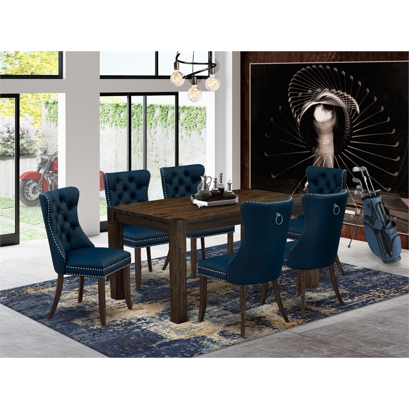 East West Furniture 7-Piece Dining Table Set in Distressed Jacobean/Navy Blue