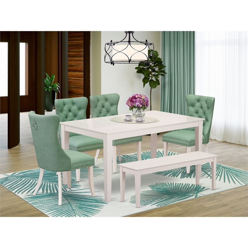 East West Furniture 6-Piece Dining Room Set in Linen White/Willow Green