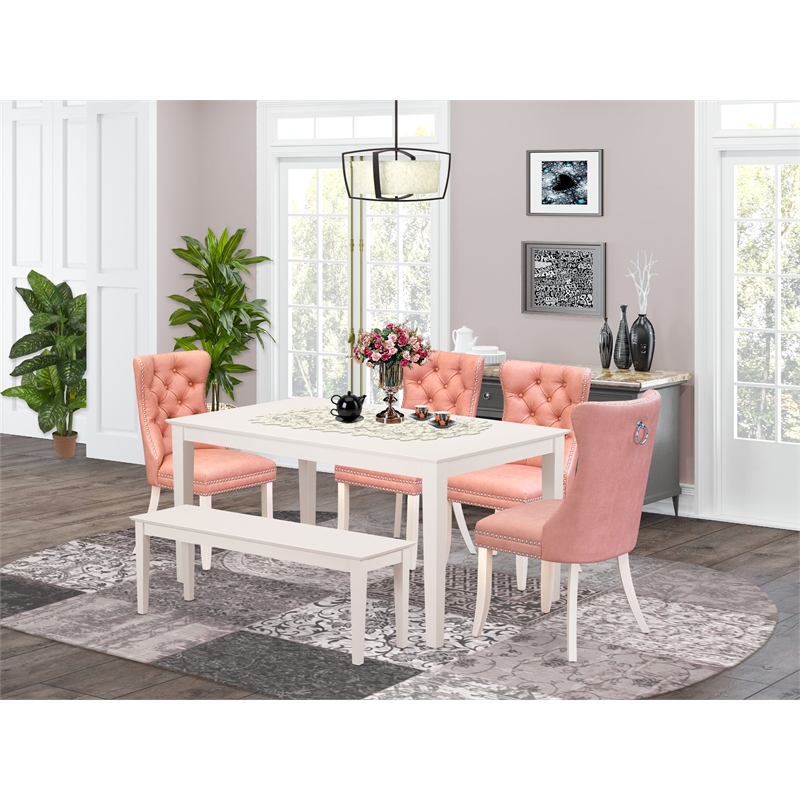 East West Furniture 6-Piece Dining Set in Linen White/Beige Red