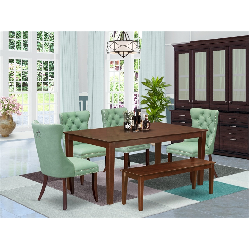 East West Furniture 6-Piece Dining Room Set in Mahogany/Willow Green
