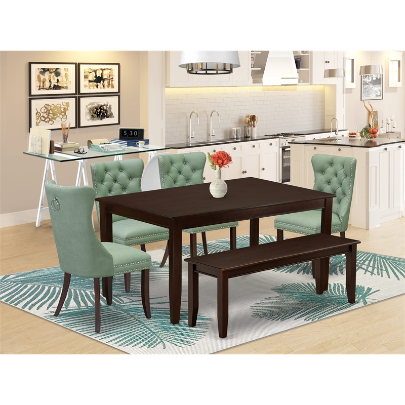 East West Furniture 6-Piece Dining Table Set in Mahogany/Willow Green