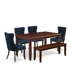East West Furniture 6-Piece Dining Set in Mahogany/Navy Blue