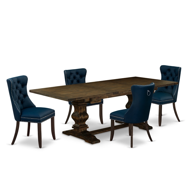 East West Furniture 5-Piece Dining Table Set in Distressed Jacobean/Navy Blue