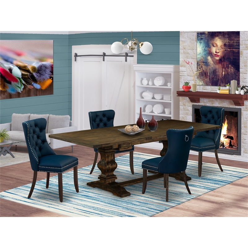 East West Furniture 5-Piece Dining Table Set in Distressed Jacobean/Navy Blue
