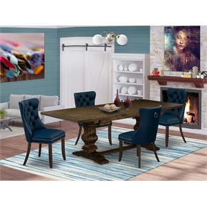 East West Furniture 5-Piece Dining Table Set in Distressed Jacobean/Navy Blue
