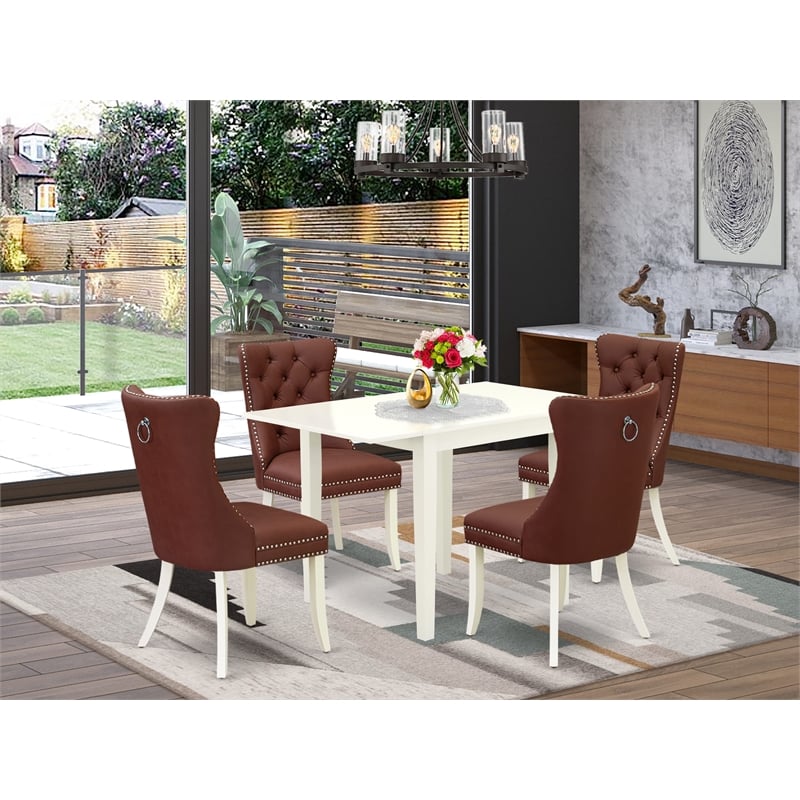 East West Furniture 5-Piece Dining Table Set in Linen White/Burgundy