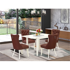 East West Furniture 5-Piece Dining Table Set in Linen White/Burgundy