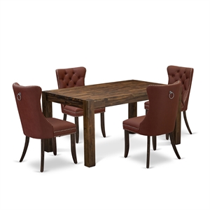 East West Furniture 5-Piece Dining Table Set in Distressed Jacobean/Burgundy