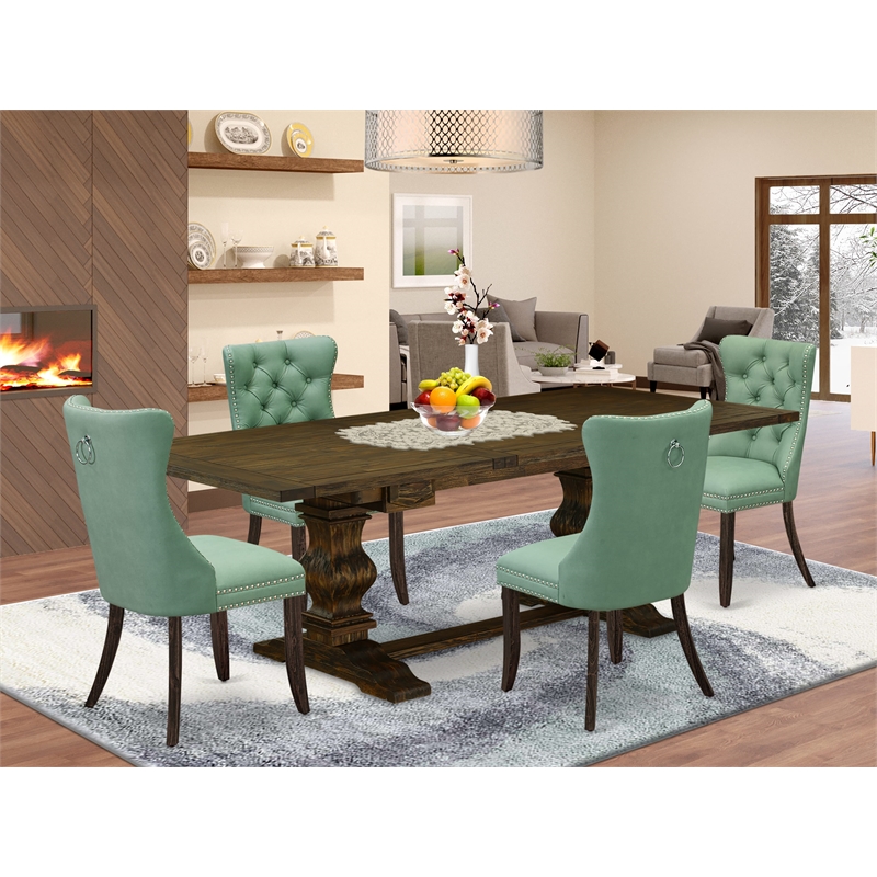 East West Furniture 5-Piece Dining Table Set in Willow Green/Distressed Jacobean