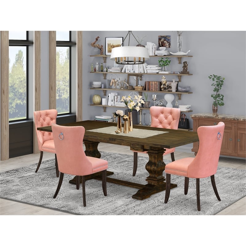 East West Furniture 5-Piece Kitchen Set in Beige Red/Distressed Jacobean