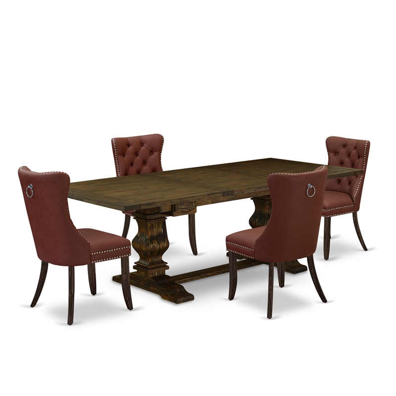 East West Furniture 5-Piece Dinette Set in Burgundy/Distressed Jacobean