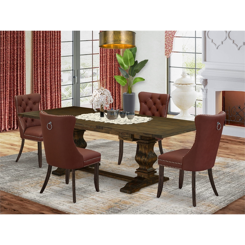 East West Furniture 5-Piece Dinette Set in Burgundy/Distressed Jacobean