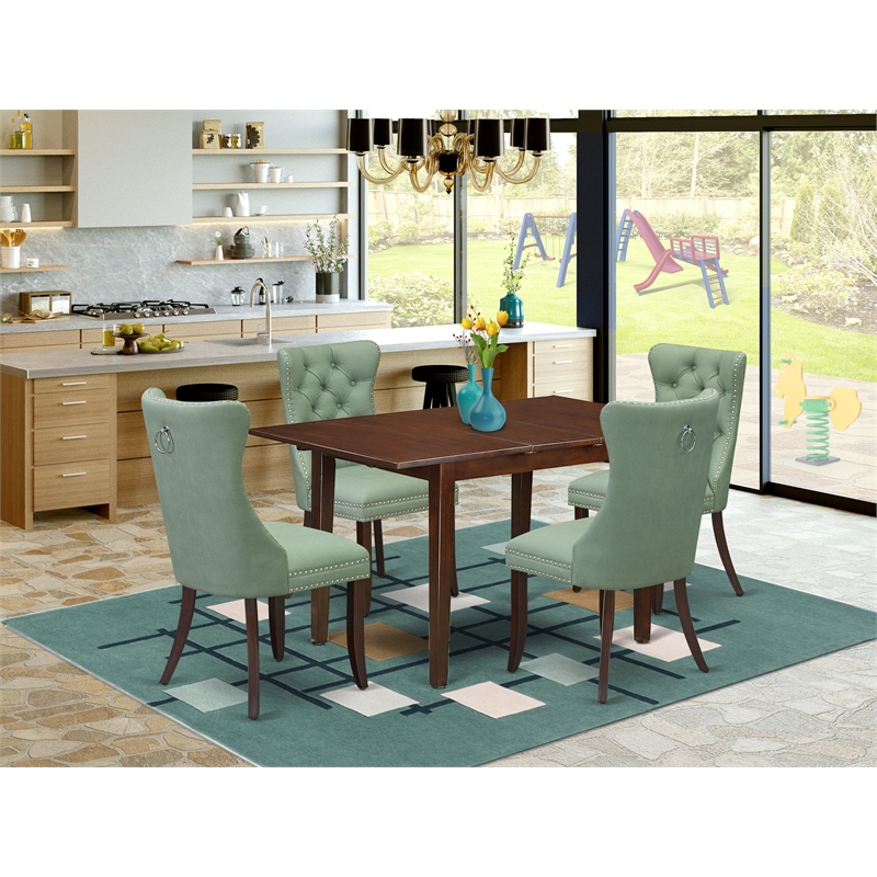 East West Furniture 5-Piece Dining Table Set in Mahogany/Willow Green