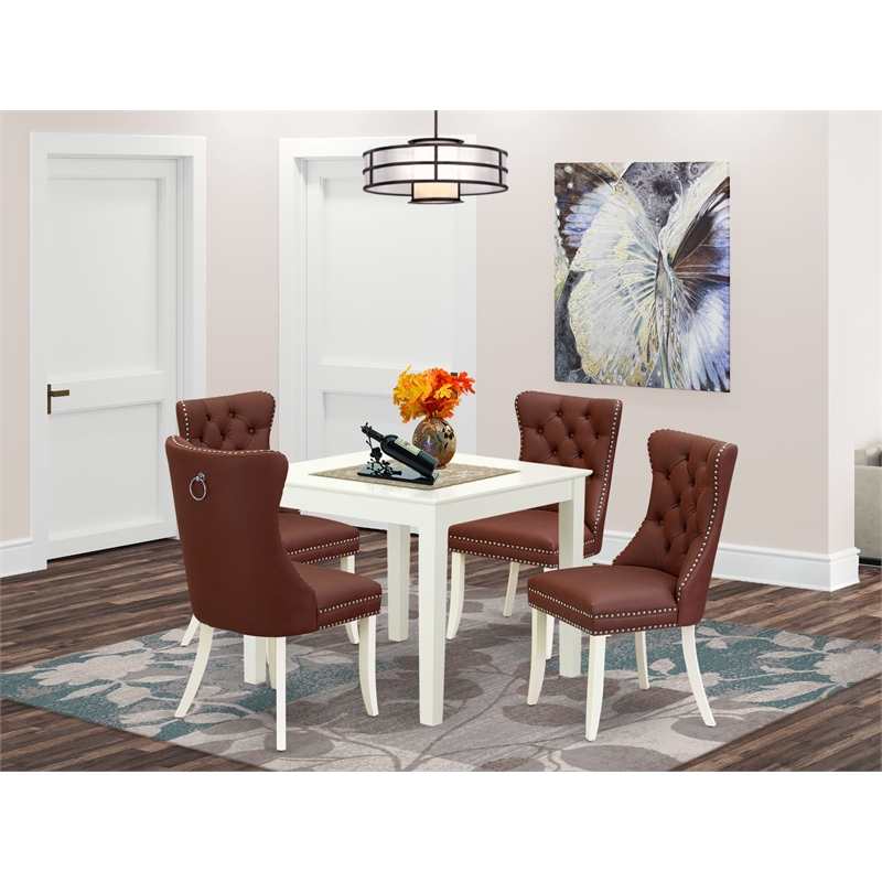East West Furniture 5-Piece Dining Room Set in Linen White/Burgundy
