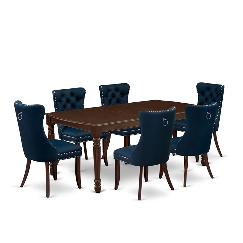East West Furniture 7-Piece Dining Table Set in Mahogany/Navy Blue