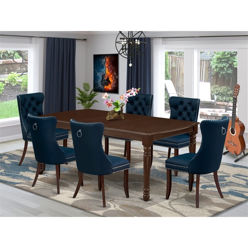 East West Furniture 7-Piece Dining Table Set in Mahogany/Navy Blue