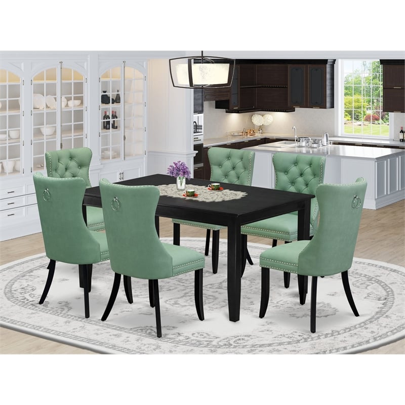 East West Furniture 7-Piece Modern Dining Table Set in Black/Willow Green