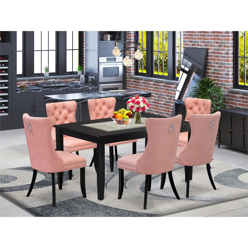 East West Furniture 7-Piece Kitchen Table Set in Black/Beige Red