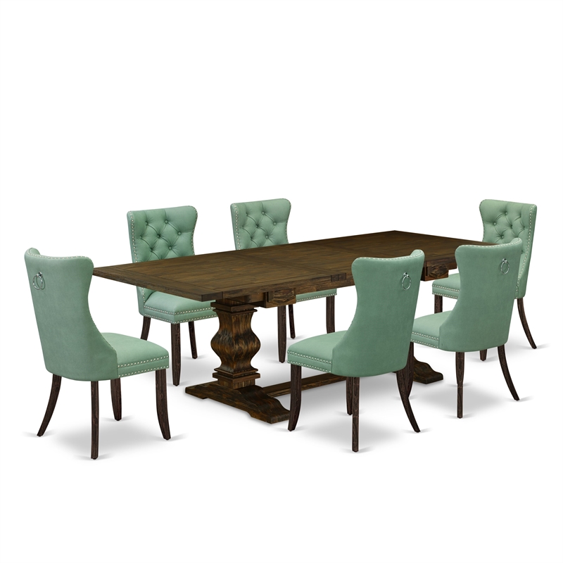 East West Furniture 7-Piece Kitchen Set in Willow Green/Distressed Jacobean