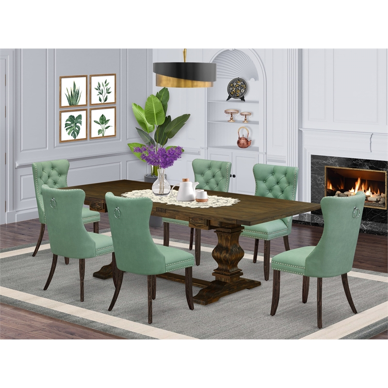 East West Furniture 7-Piece Kitchen Set in Willow Green/Distressed Jacobean