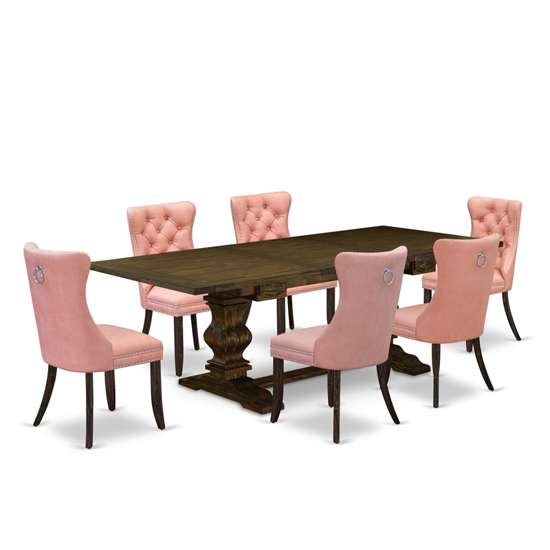East West Furniture 7-Piece Dining Set in Beige Red/Distressed Jacobean