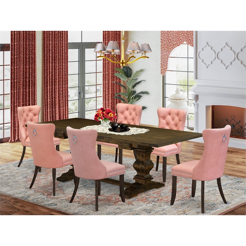East West Furniture 7-Piece Dining Set in Beige Red/Distressed Jacobean