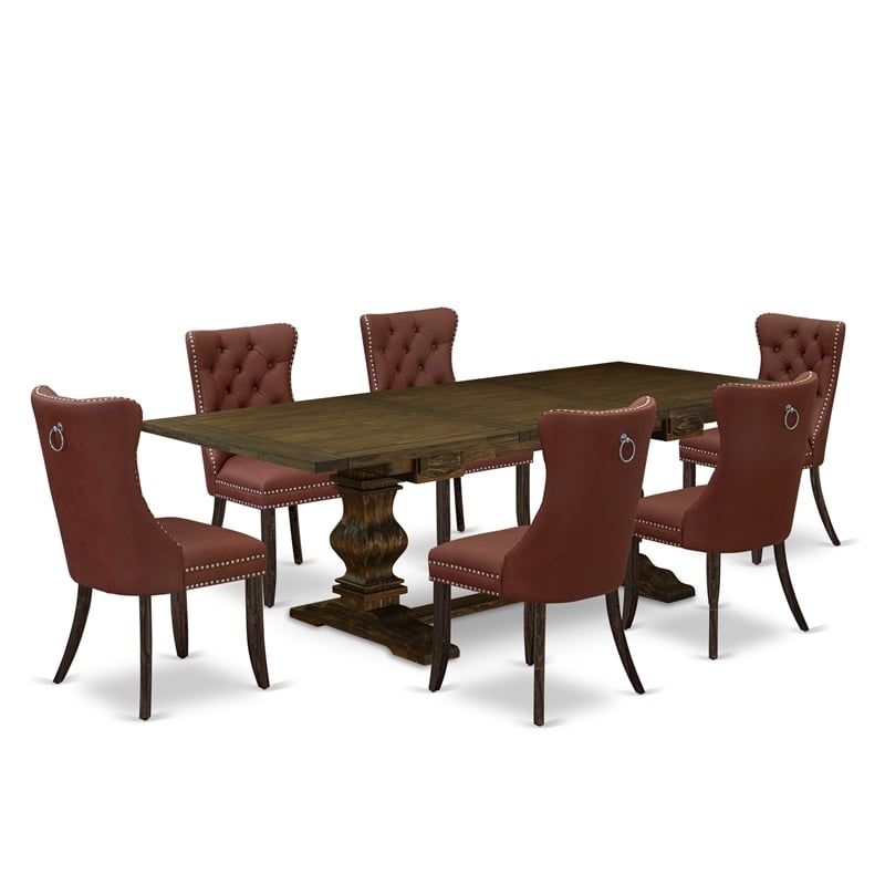 East West Furniture 7-Piece Kitchen Set in Burgundy/Distressed Jacobean