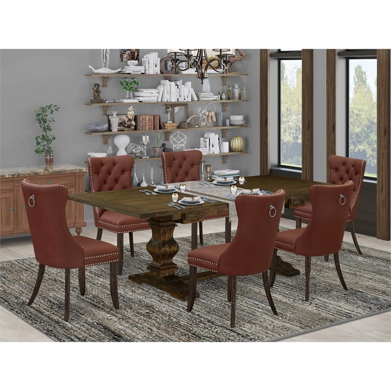 East West Furniture 7-Piece Kitchen Set in Burgundy/Distressed Jacobean