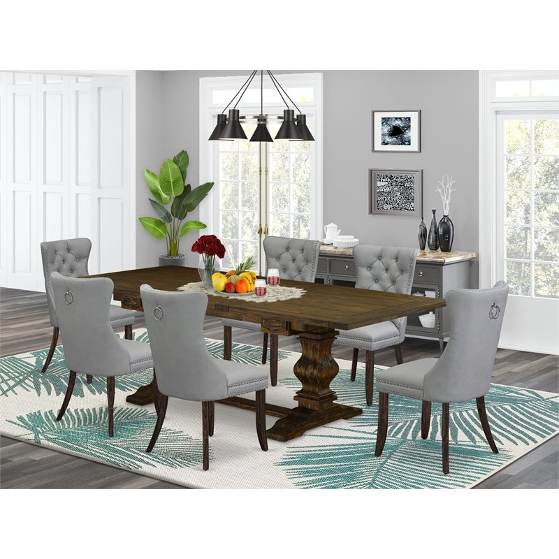 East West Furniture 7-Piece Dining Set in Light Gray/Distressed Jacobean