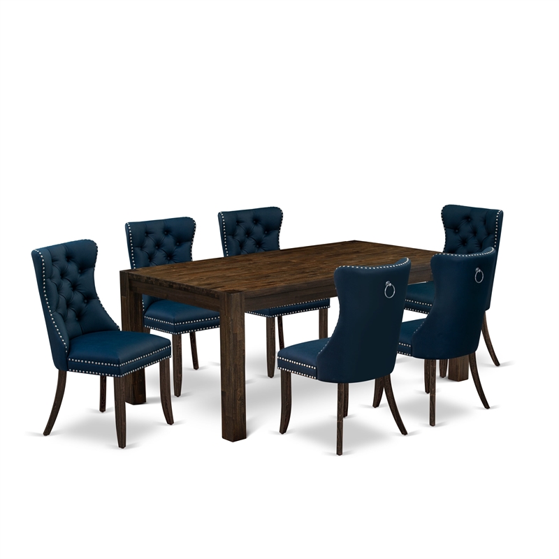 East West Furniture 7-Piece Dining Table Set in Distressed Jacobean/Navy Blue