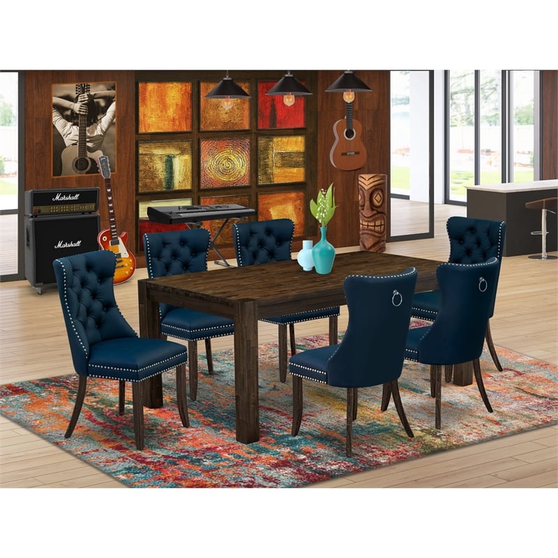 East West Furniture 7-Piece Dining Table Set in Distressed Jacobean/Navy Blue