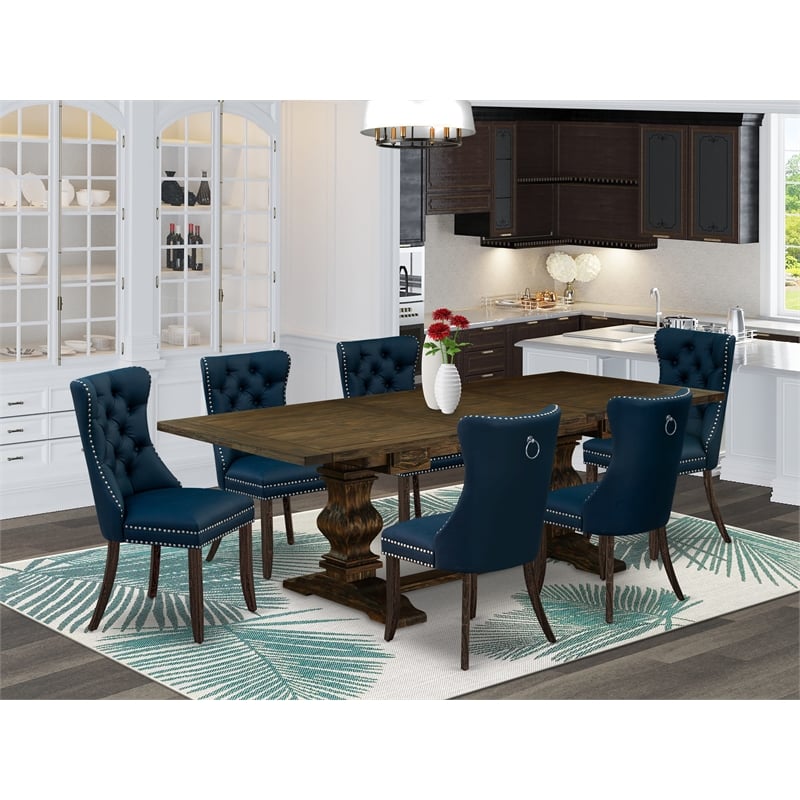 East West Furniture 7-Piece Kitchen Set in Distressed Jacobean/Navy Blue