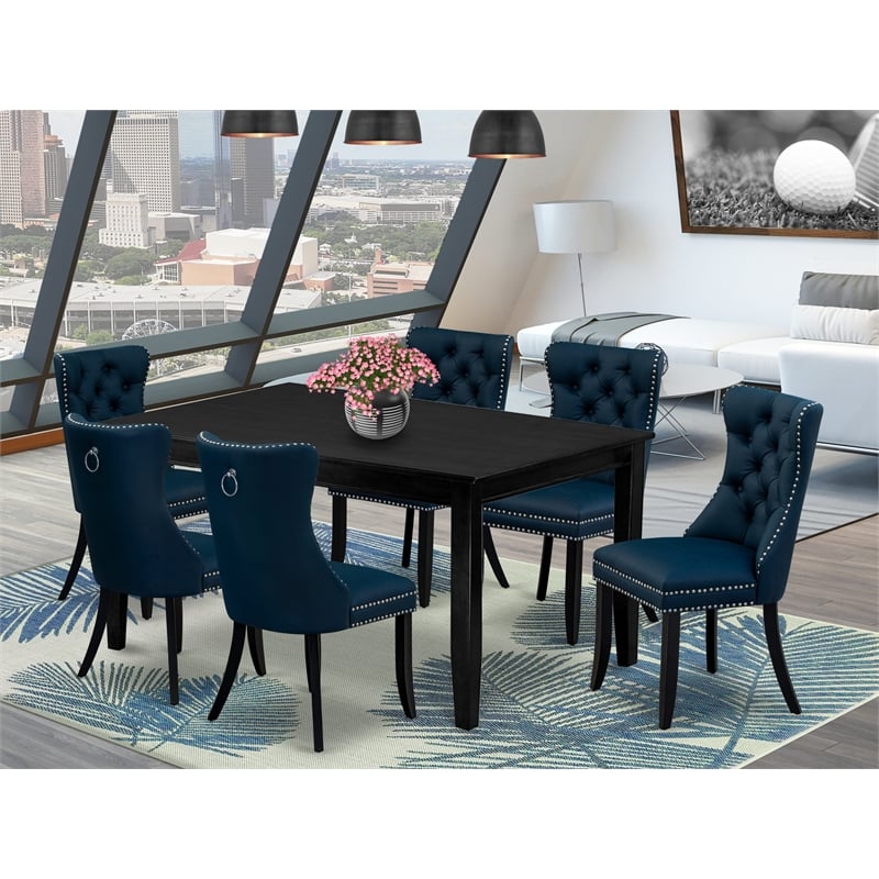 East West Furniture 7-Piece Kitchen Table Set in Black/Navy Blue
