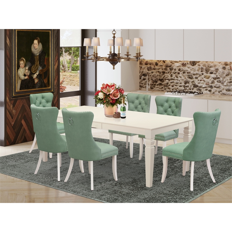 East West Furniture 7-Piece Dining Table Set in Linen White/Willow Green