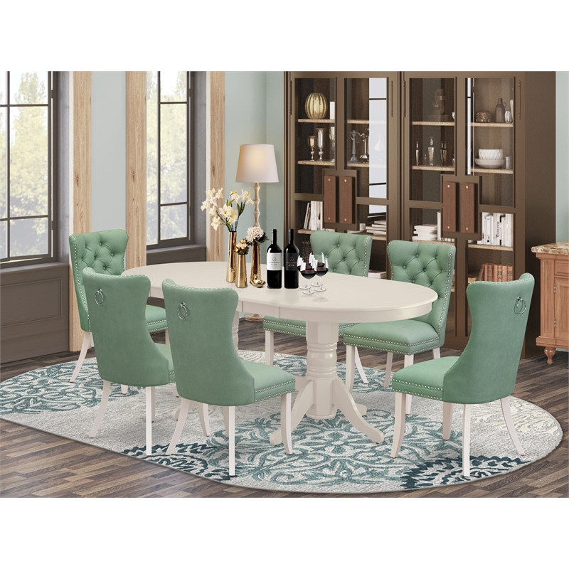 East West Furniture 7-Piece Kitchen Table Set in Linen White/Willow Green