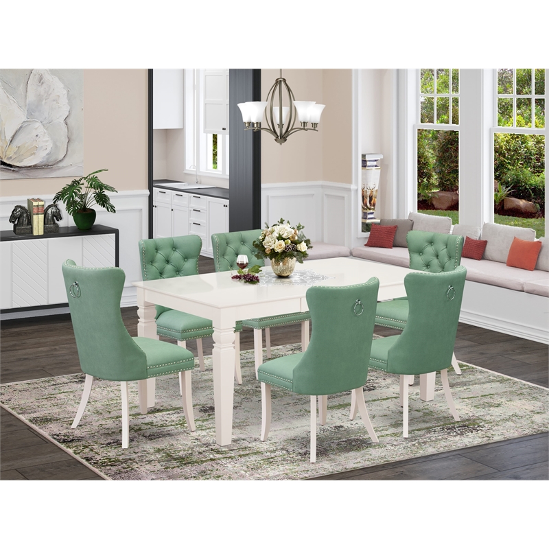 East West Furniture 7-Piece Dining Table Set in Linen White/Willow Green