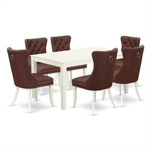 East West Furniture 7-Piece Modern Dining Table Set in Linen White/Burgundy