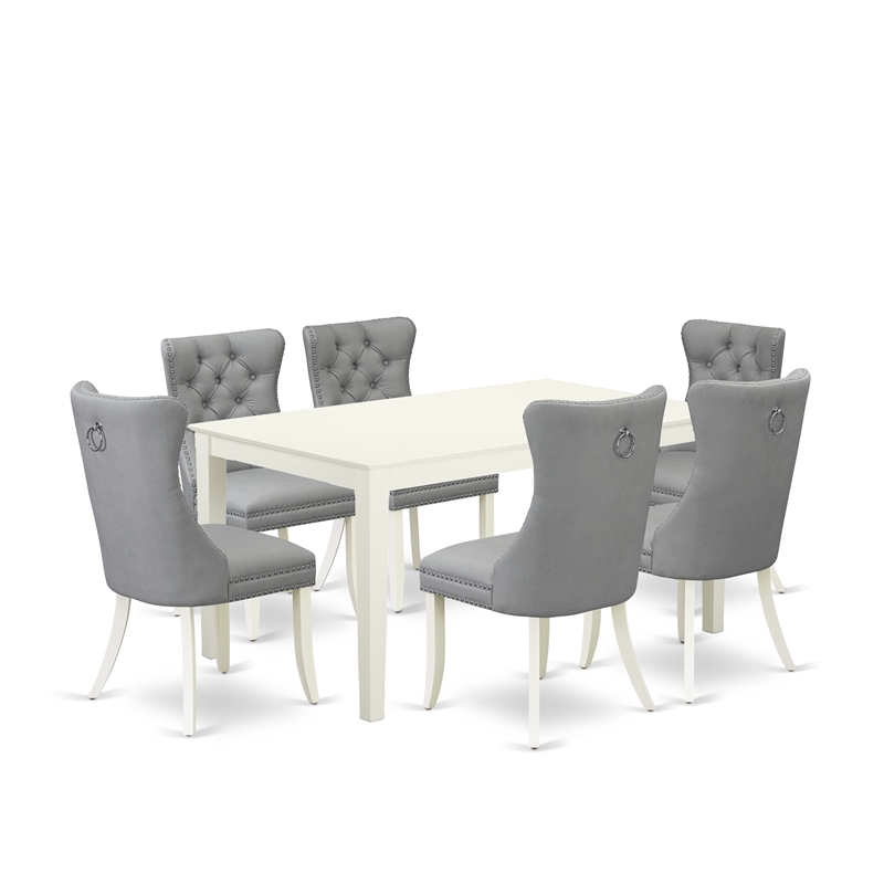 East West Furniture 7-Piece Dining Table Set in Linen White/Light Gray