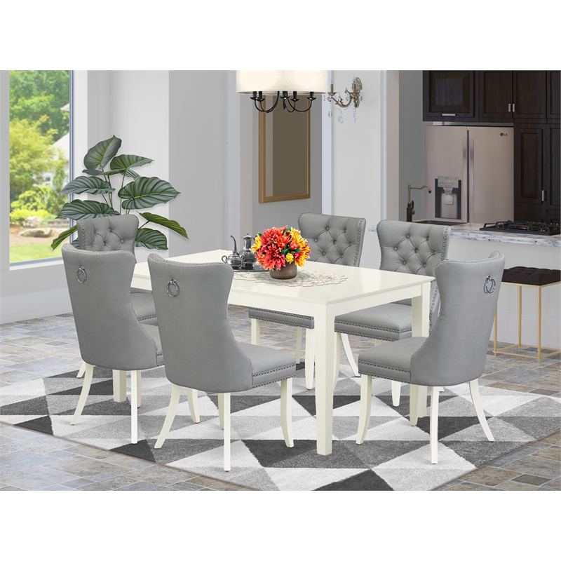 East West Furniture 7-Piece Dining Table Set in Linen White/Light Gray