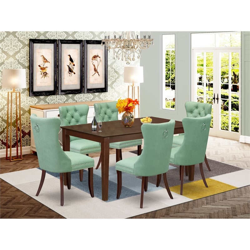 East West Furniture 7-Piece Modern Dining Table Set in Mahogany/Willow Green