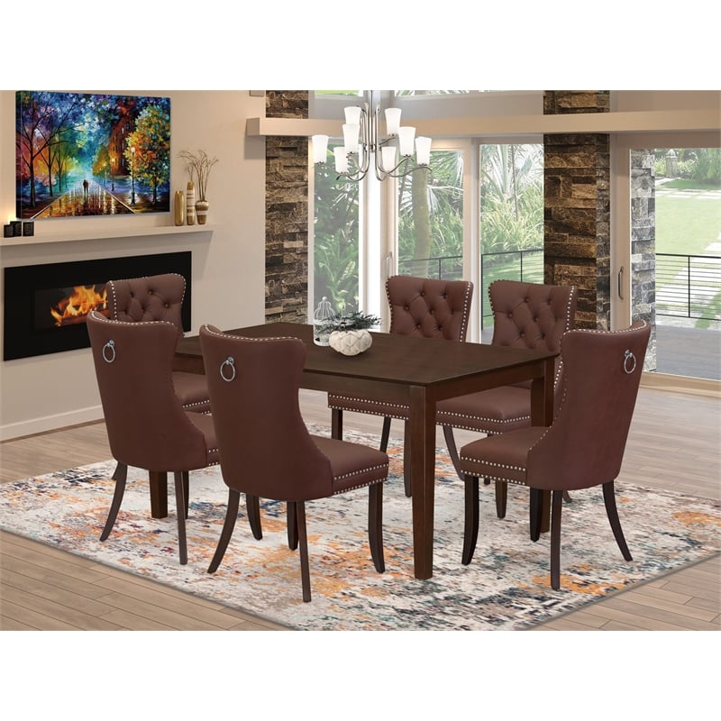 East West Furniture 7-Piece Kitchen Table Set in Mahogany/Burgandy