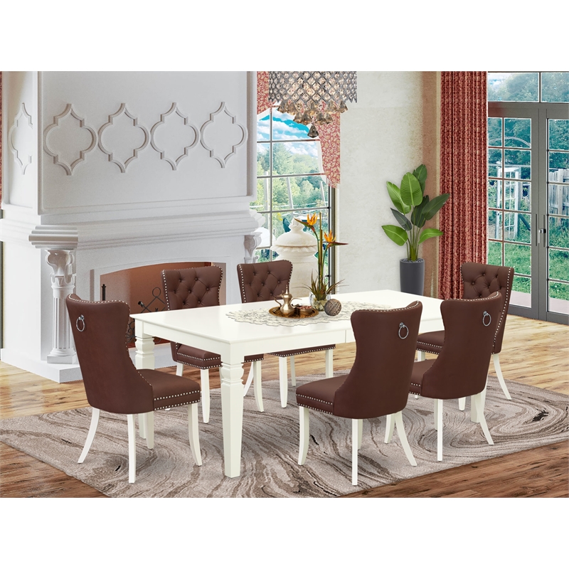 East West Furniture 7-Piece Dining Set in Linen White/Burgundy