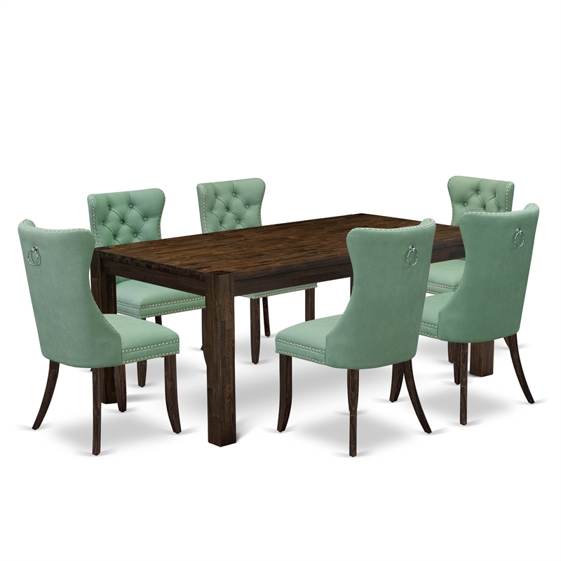 East West Furniture 7-Piece Dining Table Set in Willow Green/Distressed Jacobean