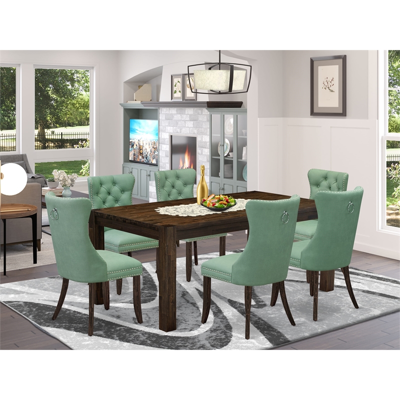 East West Furniture 7-Piece Dining Table Set in Willow Green/Distressed Jacobean