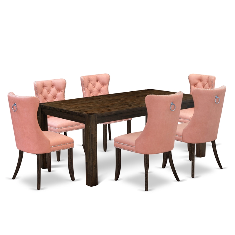 East West Furniture 7-Piece Dining Set in Beige Red/Distressed Jacobean