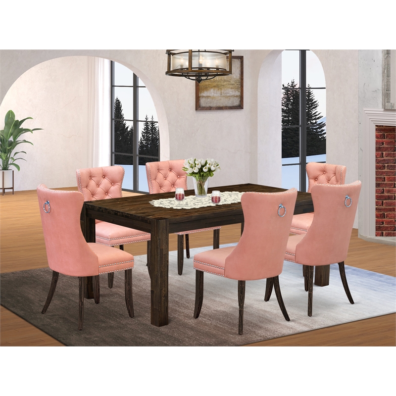 East West Furniture 7-Piece Dining Set in Beige Red/Distressed Jacobean